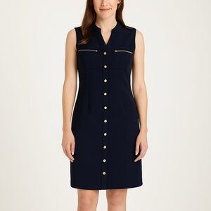 DKNY Women’s Sleeveless Navy Sheath Shirt Dress 14 Button Front Career Office